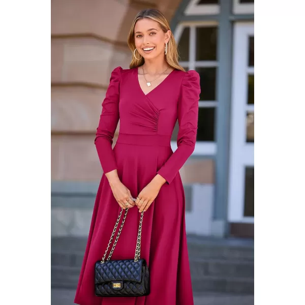 imagePRETTYGARDEN Womens 2023 Fall Midi Dress Puff Long Sleeve Wrap V Neck A Line Flowy Casual Elegant Cocktail Party DressesRose Red