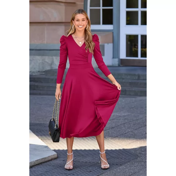 imagePRETTYGARDEN Womens 2023 Fall Midi Dress Puff Long Sleeve Wrap V Neck A Line Flowy Casual Elegant Cocktail Party DressesRose Red