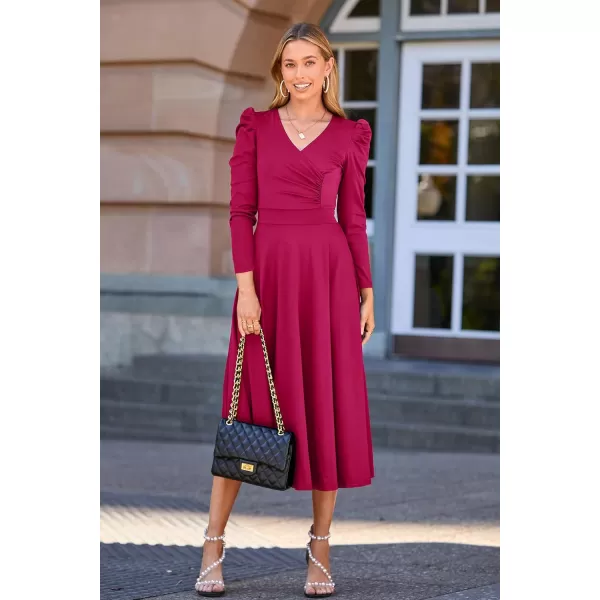 imagePRETTYGARDEN Womens 2023 Fall Midi Dress Puff Long Sleeve Wrap V Neck A Line Flowy Casual Elegant Cocktail Party DressesRose Red