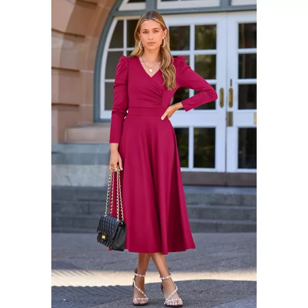 imagePRETTYGARDEN Womens 2023 Fall Midi Dress Puff Long Sleeve Wrap V Neck A Line Flowy Casual Elegant Cocktail Party DressesRose Red
