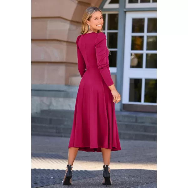 imagePRETTYGARDEN Womens 2023 Fall Midi Dress Puff Long Sleeve Wrap V Neck A Line Flowy Casual Elegant Cocktail Party DressesRose Red