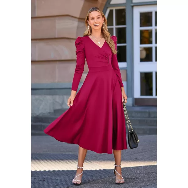 imagePRETTYGARDEN Womens 2023 Fall Midi Dress Puff Long Sleeve Wrap V Neck A Line Flowy Casual Elegant Cocktail Party DressesRose Red