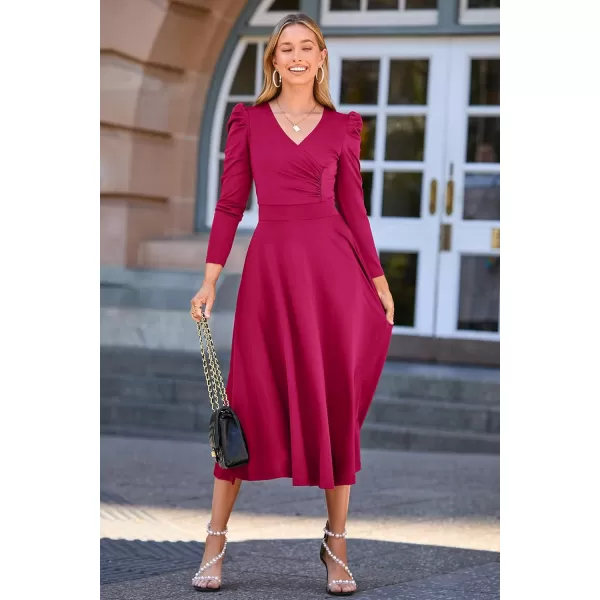 imagePRETTYGARDEN Womens 2023 Fall Midi Dress Puff Long Sleeve Wrap V Neck A Line Flowy Casual Elegant Cocktail Party DressesRose Red