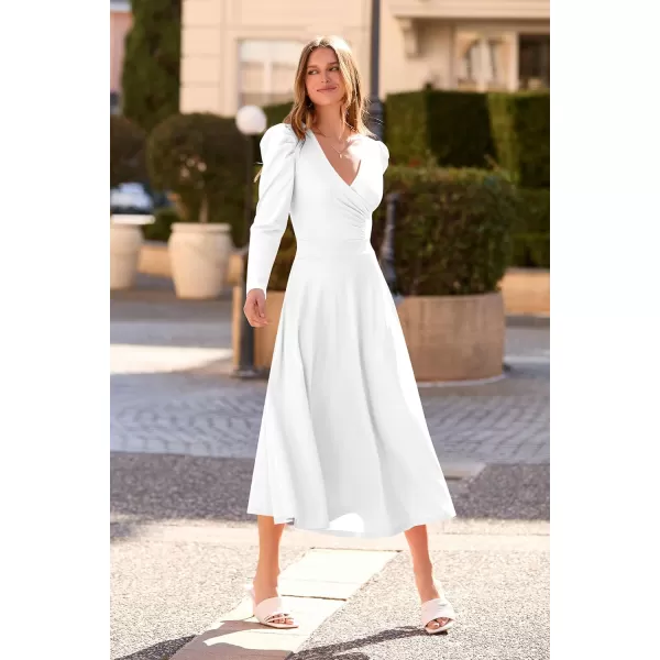 imagePRETTYGARDEN Womens 2023 Fall Midi Dress Puff Long Sleeve Wrap V Neck A Line Flowy Casual Elegant Cocktail Party DressesWhite