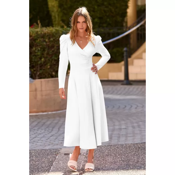 imagePRETTYGARDEN Womens 2023 Fall Midi Dress Puff Long Sleeve Wrap V Neck A Line Flowy Casual Elegant Cocktail Party DressesWhite