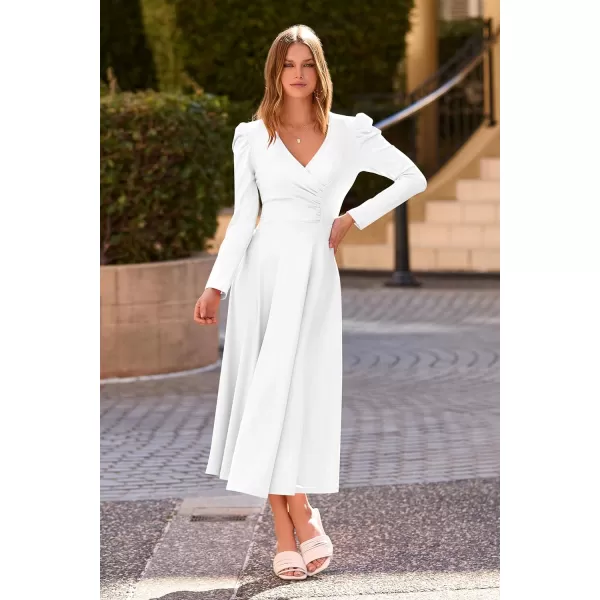imagePRETTYGARDEN Womens 2023 Fall Midi Dress Puff Long Sleeve Wrap V Neck A Line Flowy Casual Elegant Cocktail Party DressesWhite