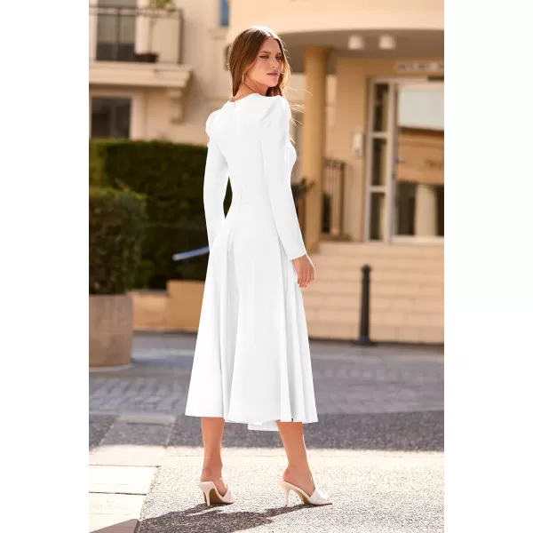 imagePRETTYGARDEN Womens 2023 Fall Midi Dress Puff Long Sleeve Wrap V Neck A Line Flowy Casual Elegant Cocktail Party DressesWhite