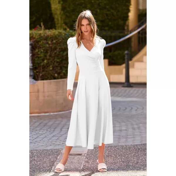 imagePRETTYGARDEN Womens 2023 Fall Midi Dress Puff Long Sleeve Wrap V Neck A Line Flowy Casual Elegant Cocktail Party DressesWhite