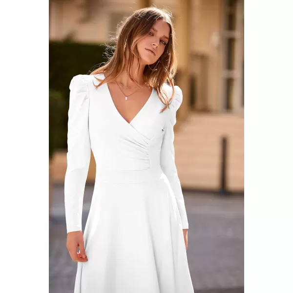 imagePRETTYGARDEN Womens 2023 Fall Midi Dress Puff Long Sleeve Wrap V Neck A Line Flowy Casual Elegant Cocktail Party DressesWhite