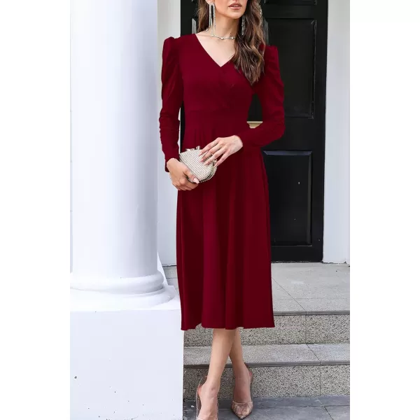 imagePRETTYGARDEN Womens 2023 Fall Midi Dress Puff Long Sleeve Wrap V Neck A Line Flowy Casual Elegant Cocktail Party DressesWine Red