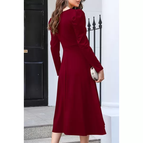 imagePRETTYGARDEN Womens 2023 Fall Midi Dress Puff Long Sleeve Wrap V Neck A Line Flowy Casual Elegant Cocktail Party DressesWine Red