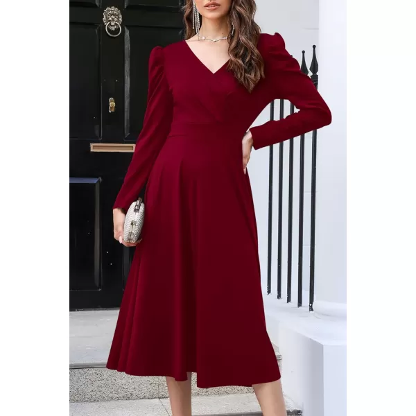 imagePRETTYGARDEN Womens 2023 Fall Midi Dress Puff Long Sleeve Wrap V Neck A Line Flowy Casual Elegant Cocktail Party DressesWine Red