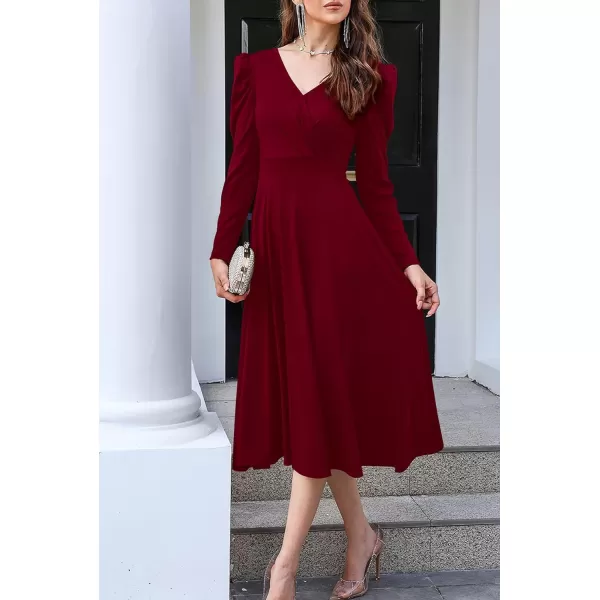 imagePRETTYGARDEN Womens 2023 Fall Midi Dress Puff Long Sleeve Wrap V Neck A Line Flowy Casual Elegant Cocktail Party DressesWine Red