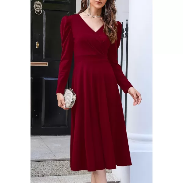 imagePRETTYGARDEN Womens 2023 Fall Midi Dress Puff Long Sleeve Wrap V Neck A Line Flowy Casual Elegant Cocktail Party DressesWine Red