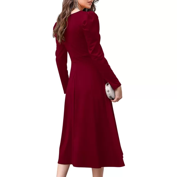 imagePRETTYGARDEN Womens 2023 Fall Midi Dress Puff Long Sleeve Wrap V Neck A Line Flowy Casual Elegant Cocktail Party DressesWine Red