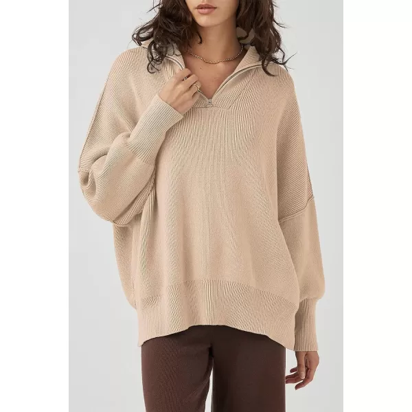 imagePRETTYGARDEN Womens 2023 Fall Pullover Oversized Sweaters Casual Long Sleeve Zip Up Collared Winter Tops BlouseApricot