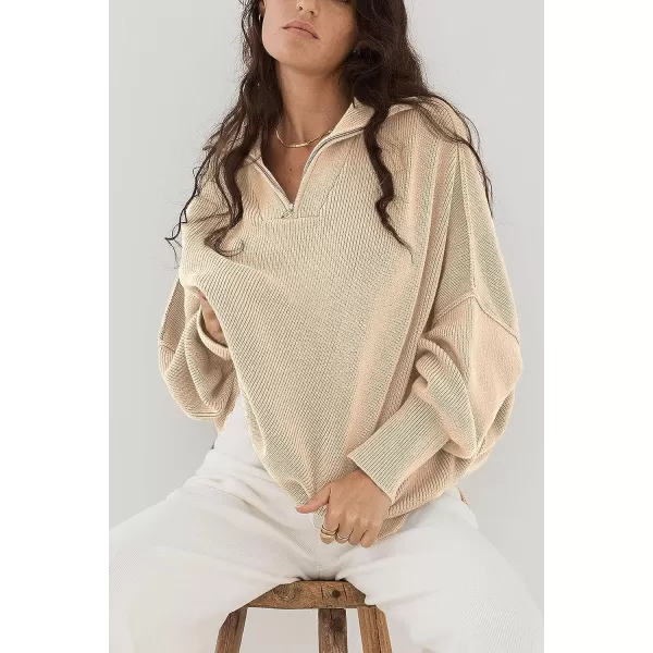 imagePRETTYGARDEN Womens 2023 Fall Pullover Oversized Sweaters Casual Long Sleeve Zip Up Collared Winter Tops BlouseApricot