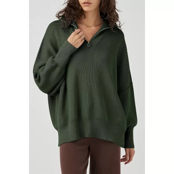imagePRETTYGARDEN Womens 2023 Fall Pullover Oversized Sweaters Casual Long Sleeve Zip Up Collared Winter Tops BlouseArmy Green