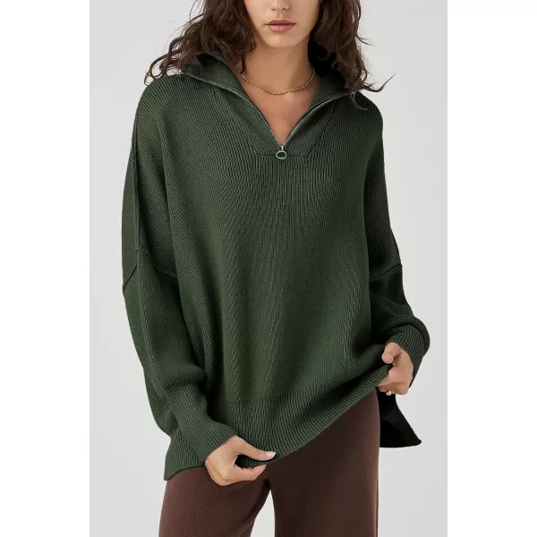imagePRETTYGARDEN Womens 2023 Fall Pullover Oversized Sweaters Casual Long Sleeve Zip Up Collared Winter Tops BlouseArmy Green