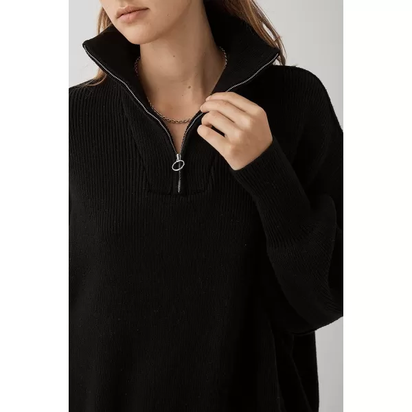 imagePRETTYGARDEN Womens 2023 Fall Pullover Oversized Sweaters Casual Long Sleeve Zip Up Collared Winter Tops BlouseBlack