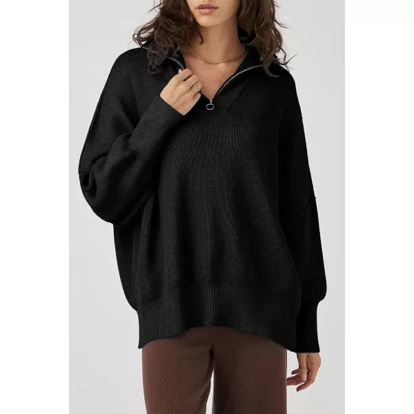 imagePRETTYGARDEN Womens 2023 Fall Pullover Oversized Sweaters Casual Long Sleeve Zip Up Collared Winter Tops BlouseBlack