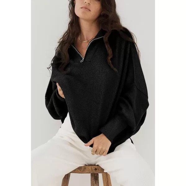 imagePRETTYGARDEN Womens 2023 Fall Pullover Oversized Sweaters Casual Long Sleeve Zip Up Collared Winter Tops BlouseBlack