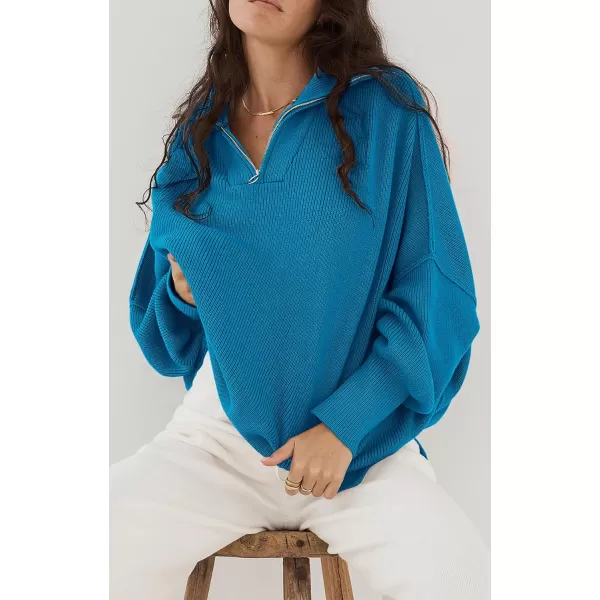 imagePRETTYGARDEN Womens 2023 Fall Pullover Oversized Sweaters Casual Long Sleeve Zip Up Collared Winter Tops BlouseBlue