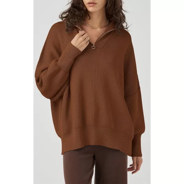 imagePRETTYGARDEN Womens 2023 Fall Pullover Oversized Sweaters Casual Long Sleeve Zip Up Collared Winter Tops BlouseBrown