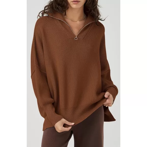imagePRETTYGARDEN Womens 2023 Fall Pullover Oversized Sweaters Casual Long Sleeve Zip Up Collared Winter Tops BlouseBrown