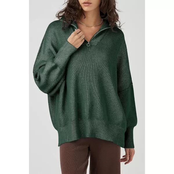 imagePRETTYGARDEN Womens 2023 Fall Pullover Oversized Sweaters Casual Long Sleeve Zip Up Collared Winter Tops BlouseDark Green