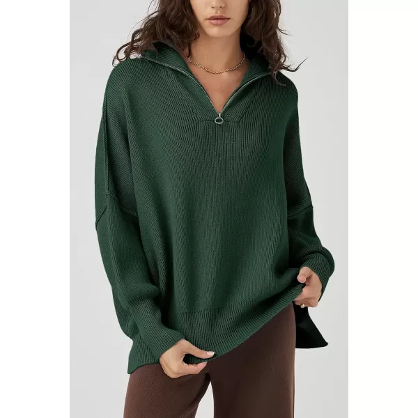 imagePRETTYGARDEN Womens 2023 Fall Pullover Oversized Sweaters Casual Long Sleeve Zip Up Collared Winter Tops BlouseDark Green