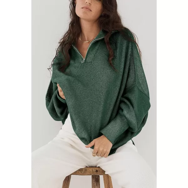 imagePRETTYGARDEN Womens 2023 Fall Pullover Oversized Sweaters Casual Long Sleeve Zip Up Collared Winter Tops BlouseDark Green