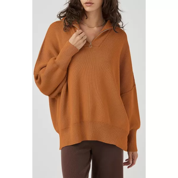 imagePRETTYGARDEN Womens 2023 Fall Pullover Oversized Sweaters Casual Long Sleeve Zip Up Collared Winter Tops BlouseDark Khaki