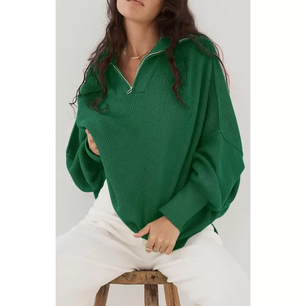imagePRETTYGARDEN Womens 2023 Fall Pullover Oversized Sweaters Casual Long Sleeve Zip Up Collared Winter Tops BlouseGreen