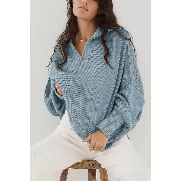 imagePRETTYGARDEN Womens 2023 Fall Pullover Oversized Sweaters Casual Long Sleeve Zip Up Collared Winter Tops BlouseGrey Blue