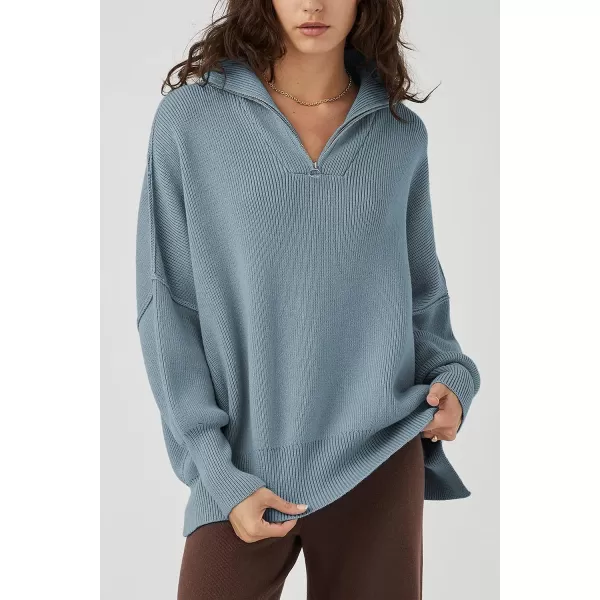 imagePRETTYGARDEN Womens 2023 Fall Pullover Oversized Sweaters Casual Long Sleeve Zip Up Collared Winter Tops BlouseGrey Blue