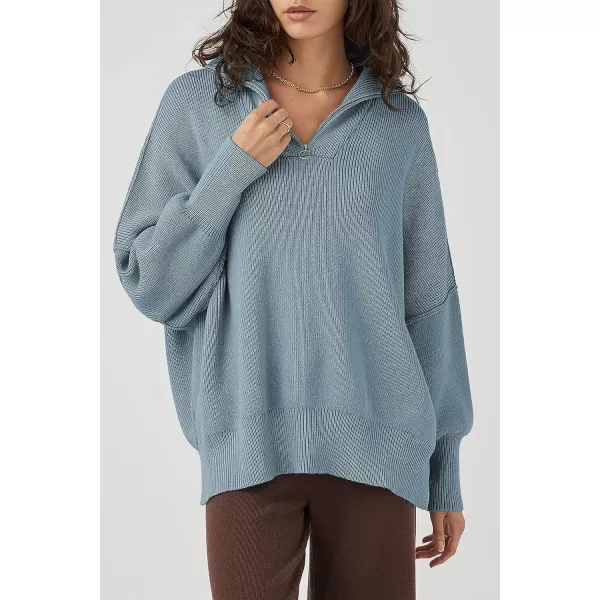 imagePRETTYGARDEN Womens 2023 Fall Pullover Oversized Sweaters Casual Long Sleeve Zip Up Collared Winter Tops BlouseGrey Blue