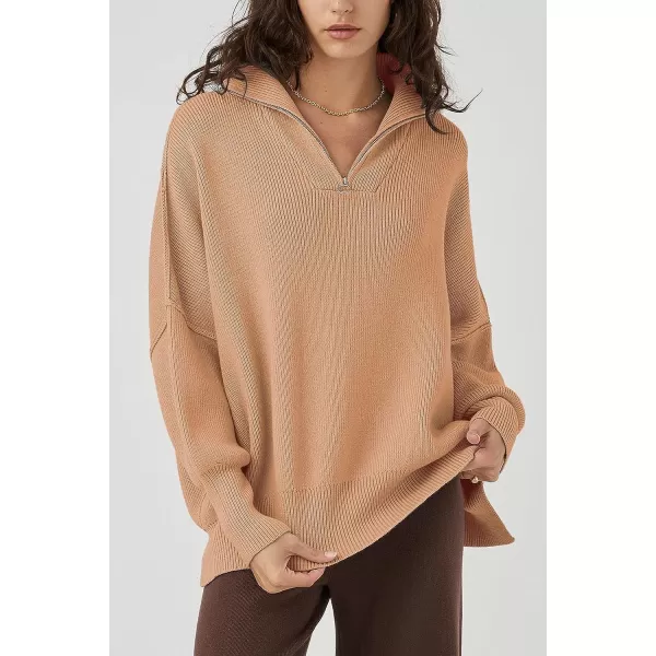 imagePRETTYGARDEN Womens 2023 Fall Pullover Oversized Sweaters Casual Long Sleeve Zip Up Collared Winter Tops BlouseKhaki