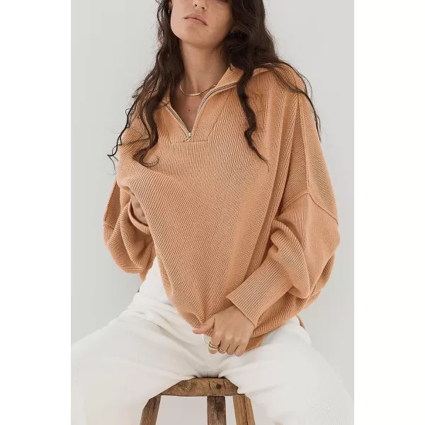 imagePRETTYGARDEN Womens 2023 Fall Pullover Oversized Sweaters Casual Long Sleeve Zip Up Collared Winter Tops BlouseKhaki