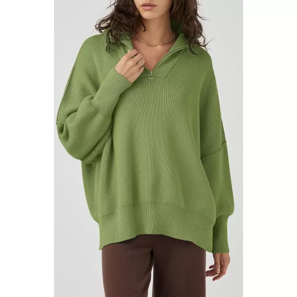 imagePRETTYGARDEN Womens 2023 Fall Pullover Oversized Sweaters Casual Long Sleeve Zip Up Collared Winter Tops BlouseLight Green