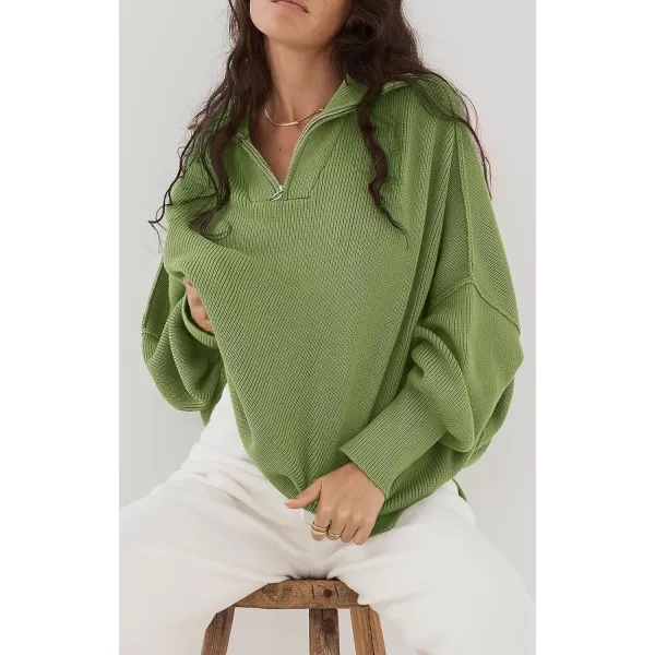 imagePRETTYGARDEN Womens 2023 Fall Pullover Oversized Sweaters Casual Long Sleeve Zip Up Collared Winter Tops BlouseLight Green
