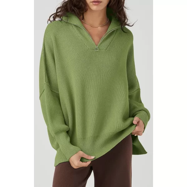 imagePRETTYGARDEN Womens 2023 Fall Pullover Oversized Sweaters Casual Long Sleeve Zip Up Collared Winter Tops BlouseLight Green