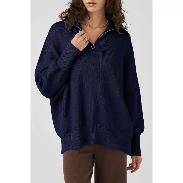 imagePRETTYGARDEN Womens 2023 Fall Pullover Oversized Sweaters Casual Long Sleeve Zip Up Collared Winter Tops BlouseNavy