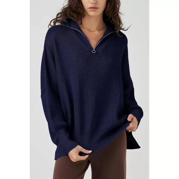 imagePRETTYGARDEN Womens 2023 Fall Pullover Oversized Sweaters Casual Long Sleeve Zip Up Collared Winter Tops BlouseNavy