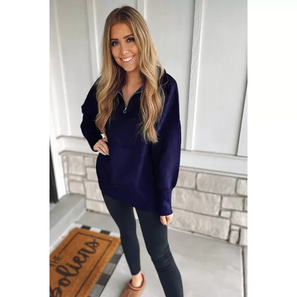 imagePRETTYGARDEN Womens 2023 Fall Pullover Oversized Sweaters Casual Long Sleeve Zip Up Collared Winter Tops BlouseNavy