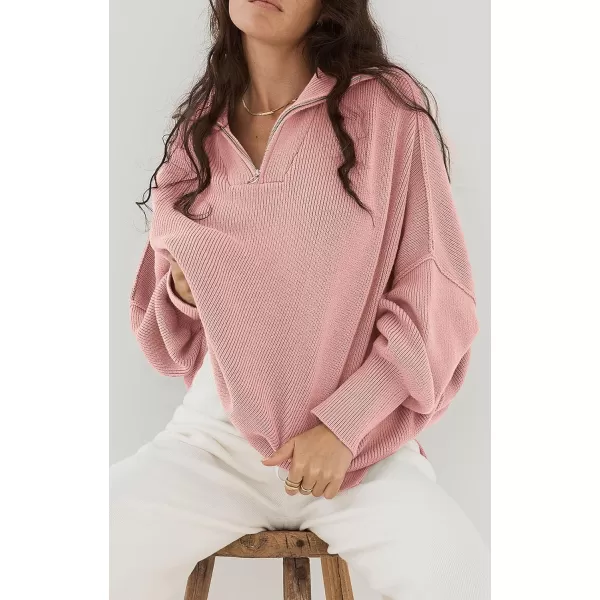 imagePRETTYGARDEN Womens 2023 Fall Pullover Oversized Sweaters Casual Long Sleeve Zip Up Collared Winter Tops BlousePink