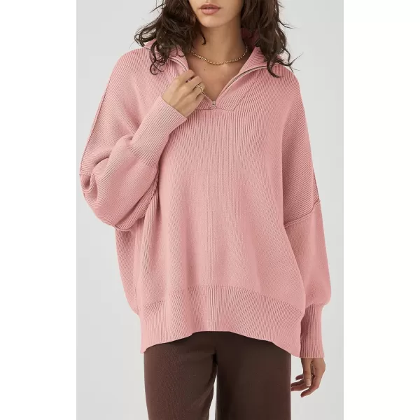 imagePRETTYGARDEN Womens 2023 Fall Pullover Oversized Sweaters Casual Long Sleeve Zip Up Collared Winter Tops BlousePink