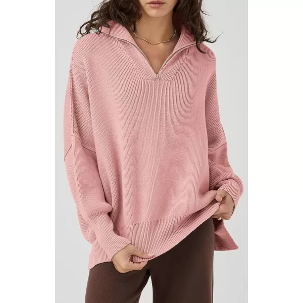 imagePRETTYGARDEN Womens 2023 Fall Pullover Oversized Sweaters Casual Long Sleeve Zip Up Collared Winter Tops BlousePink