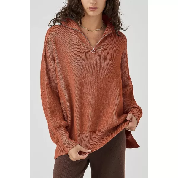 imagePRETTYGARDEN Womens 2023 Fall Pullover Oversized Sweaters Casual Long Sleeve Zip Up Collared Winter Tops BlouseRust Red