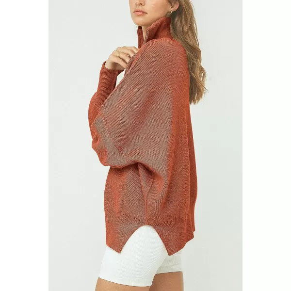 imagePRETTYGARDEN Womens 2023 Fall Pullover Oversized Sweaters Casual Long Sleeve Zip Up Collared Winter Tops BlouseRust Red